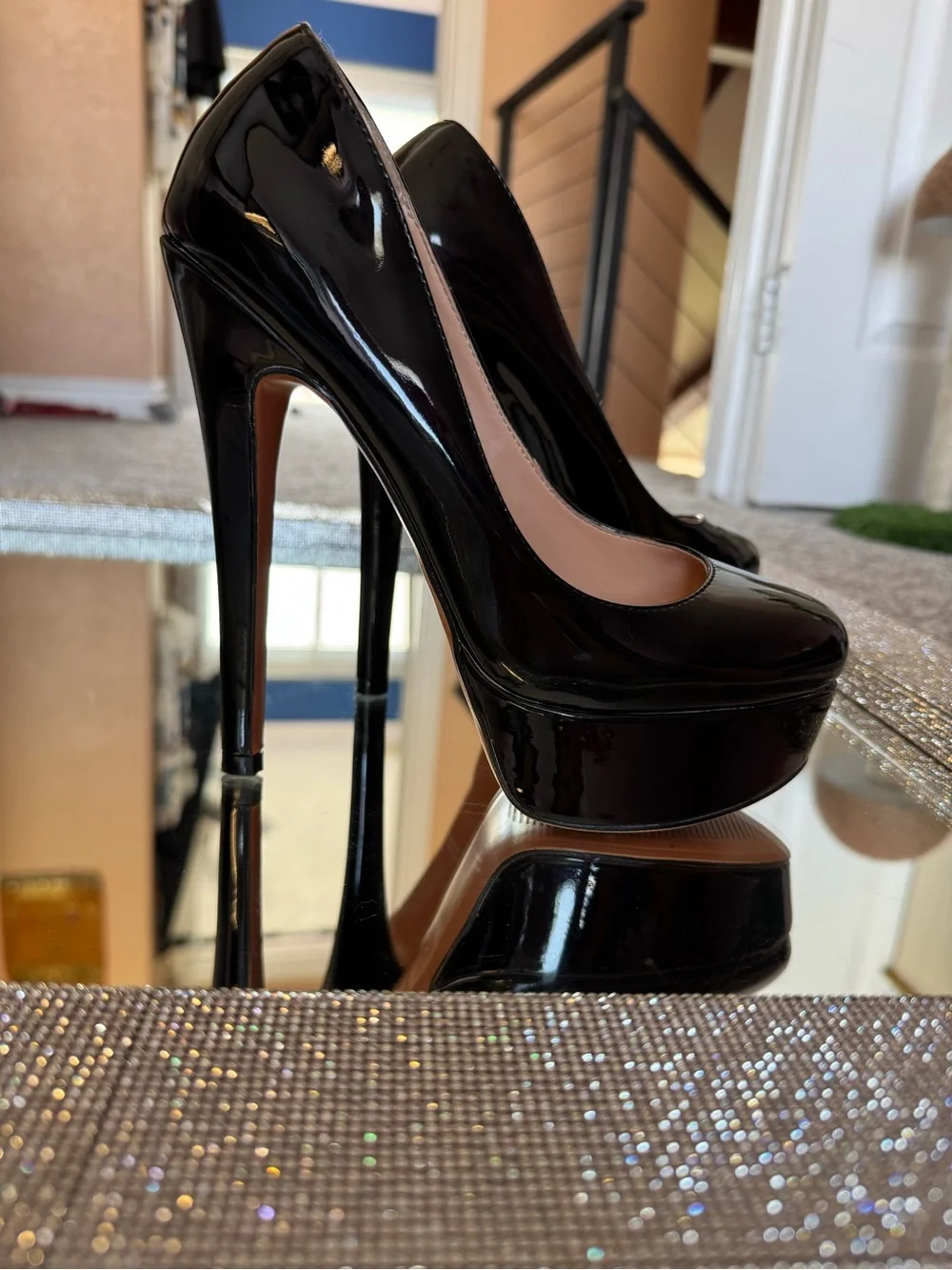Black Patent Platform Stiletto Pumps - Women's High Heels